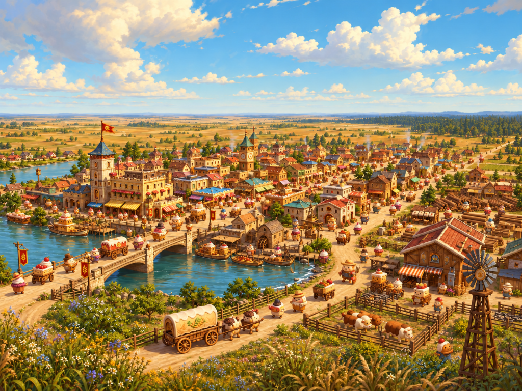 Dessert citizens, wagons, a bridge and riverside buildings in Crispen, with open prairie beyond.