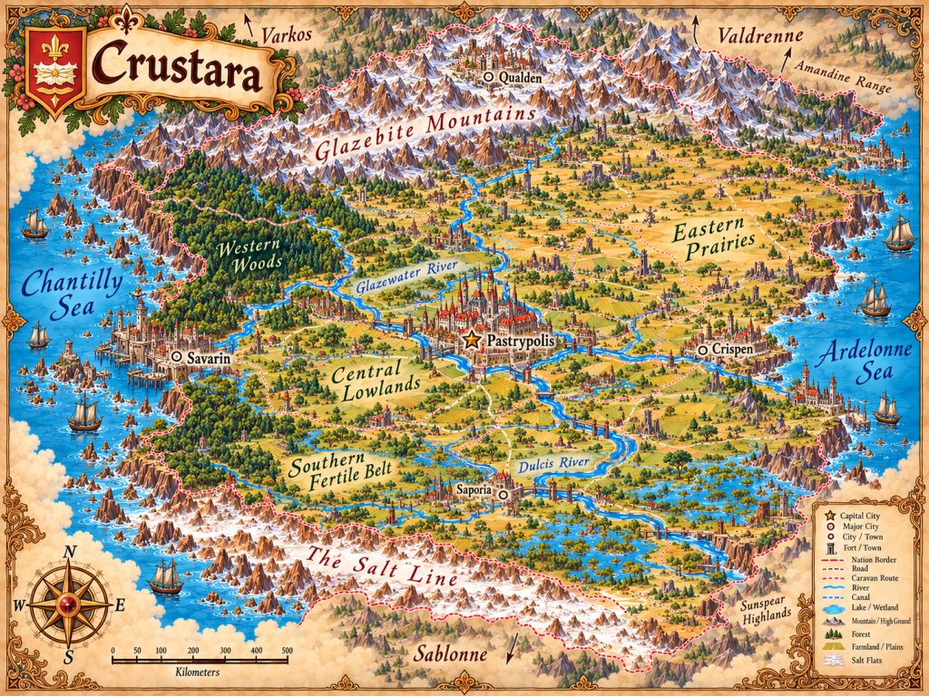 Illustrated atlas map of Crustara showing Pastrypolis, Savarin, Qualden, Crispen, Saporia, the Glazebite Mountains, major rivers, seas, and regional terrain.