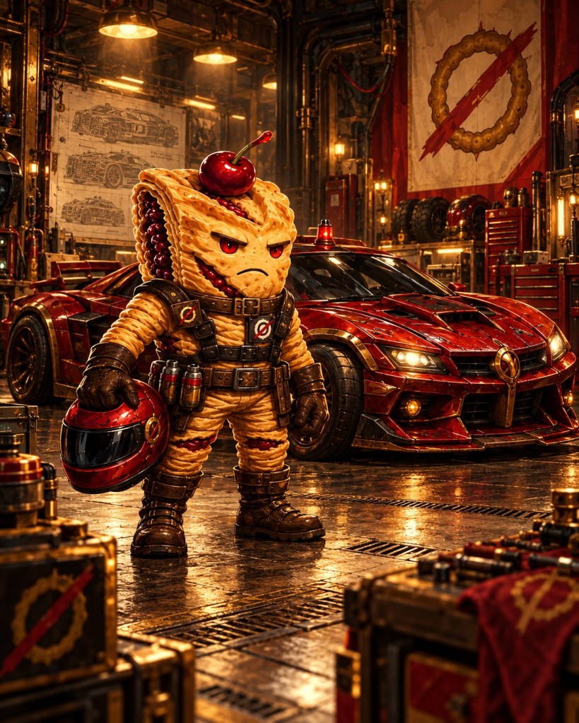 A folded cherry strudel with golden pastry, dark red filling seams, a single cherry, and compact driving gear.