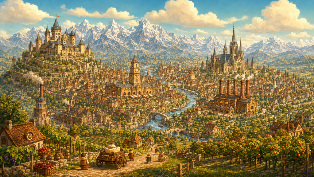 Wide illustrated view of Pastrypolis with mountains, river, bridges, civic buildings, and surrounding countryside.
