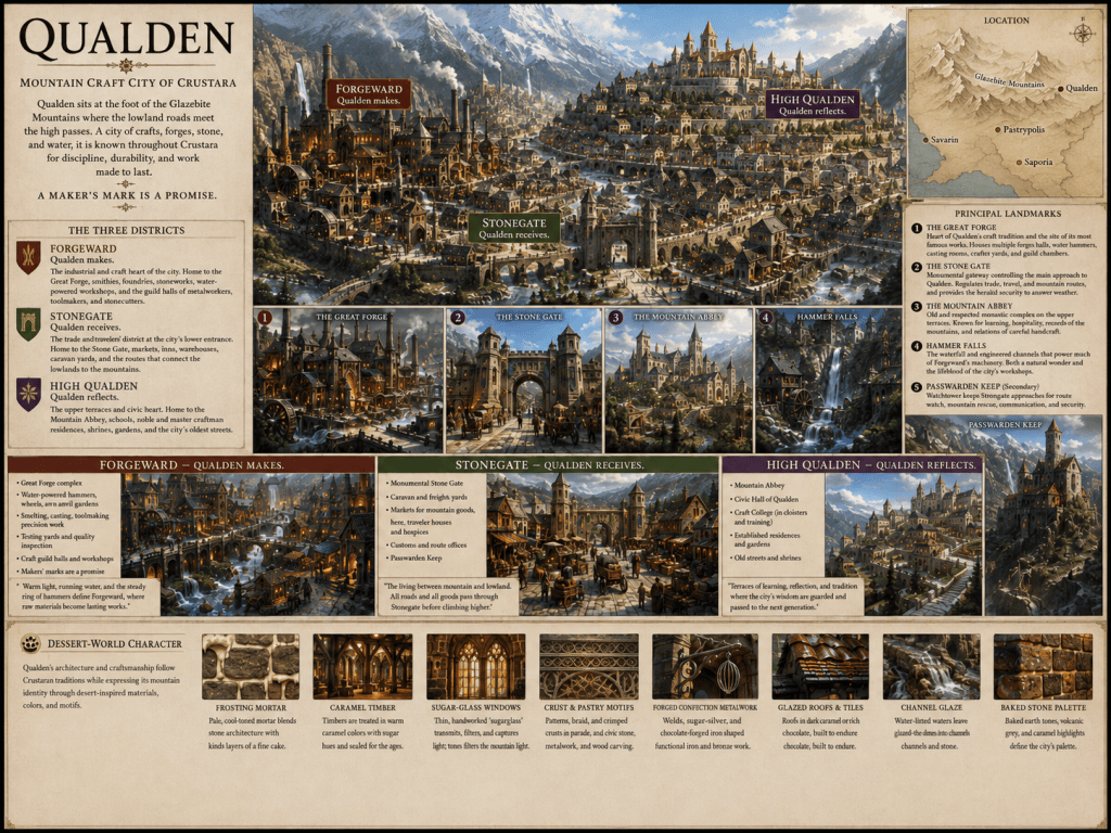 Illustrated guide to Qualden, Crustara's mountain craft city, showing Forgeward, Stonegate, High Qualden, and major landmarks.