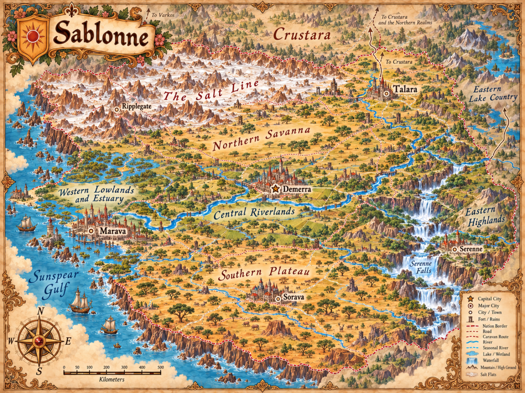 Illustrated atlas map of Sablonne showing Demerra, Marava, Talara, Serenne, the Salt Line, savanna, riverlands, highlands, and major routes.