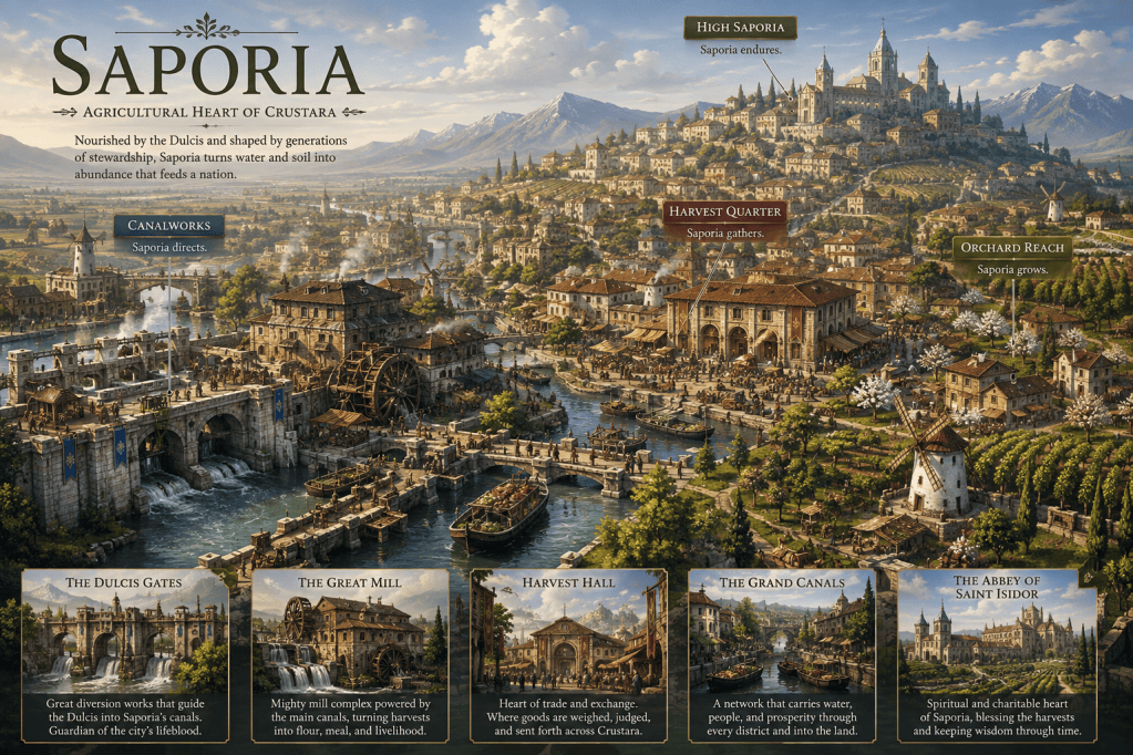 Saporia, Crustara's agricultural city, with canals, mills, orchards, markets, and hillside districts.