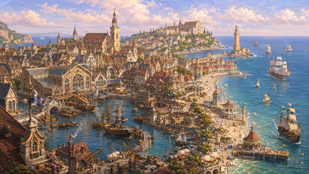 Savarin, Crustara's western port city, with a broad harbor, ships, Gothic-inspired buildings, and the Chantilly Sea.