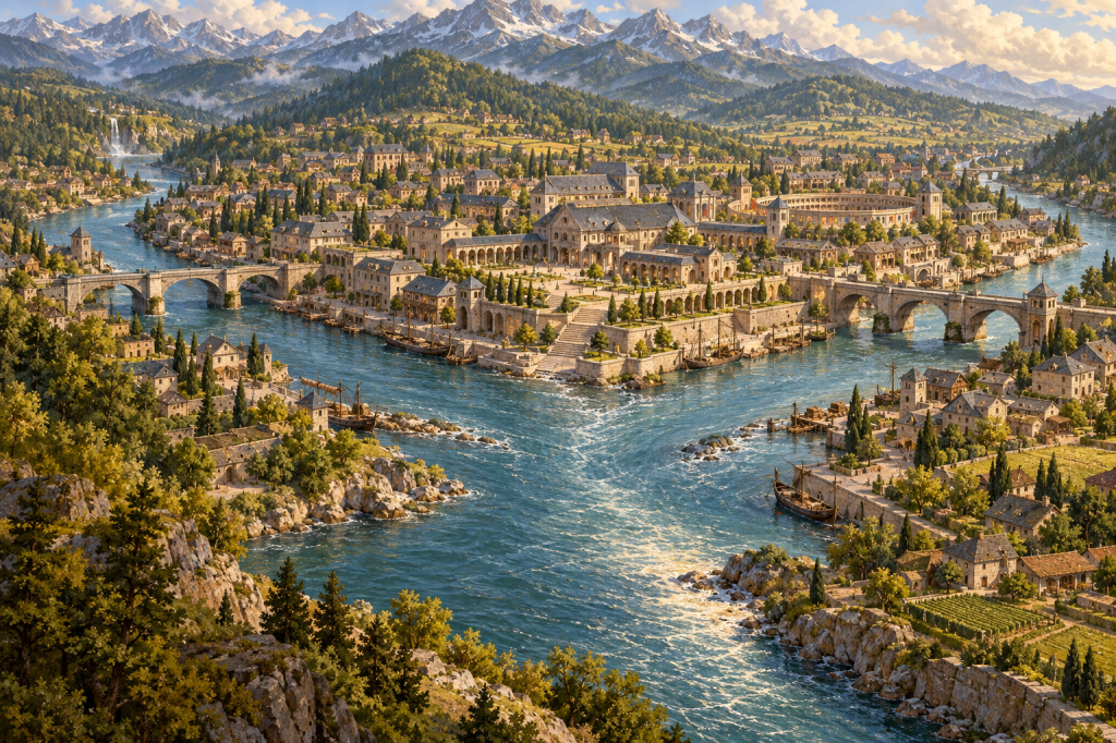 Tharos's stone civic buildings and bridges at the meeting of two rivers.