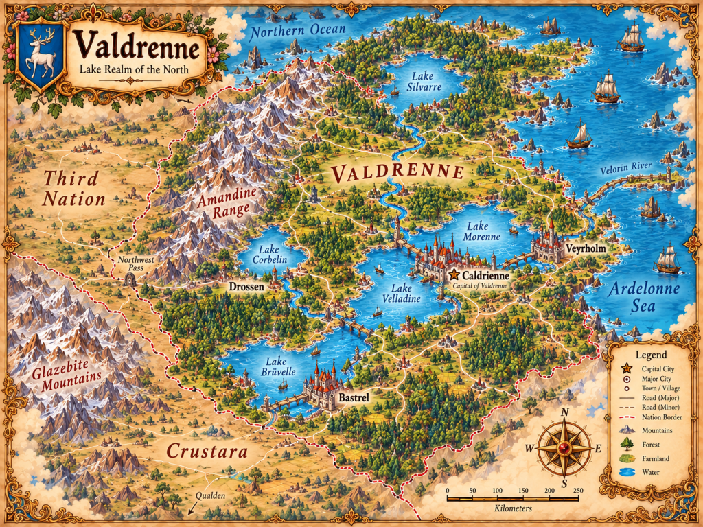 Illustrated atlas map of Valdrenne showing Caldrienne, Veyrholm, Bastrel, Drossen, major lakes, forests, rivers, and the Amandine Range.