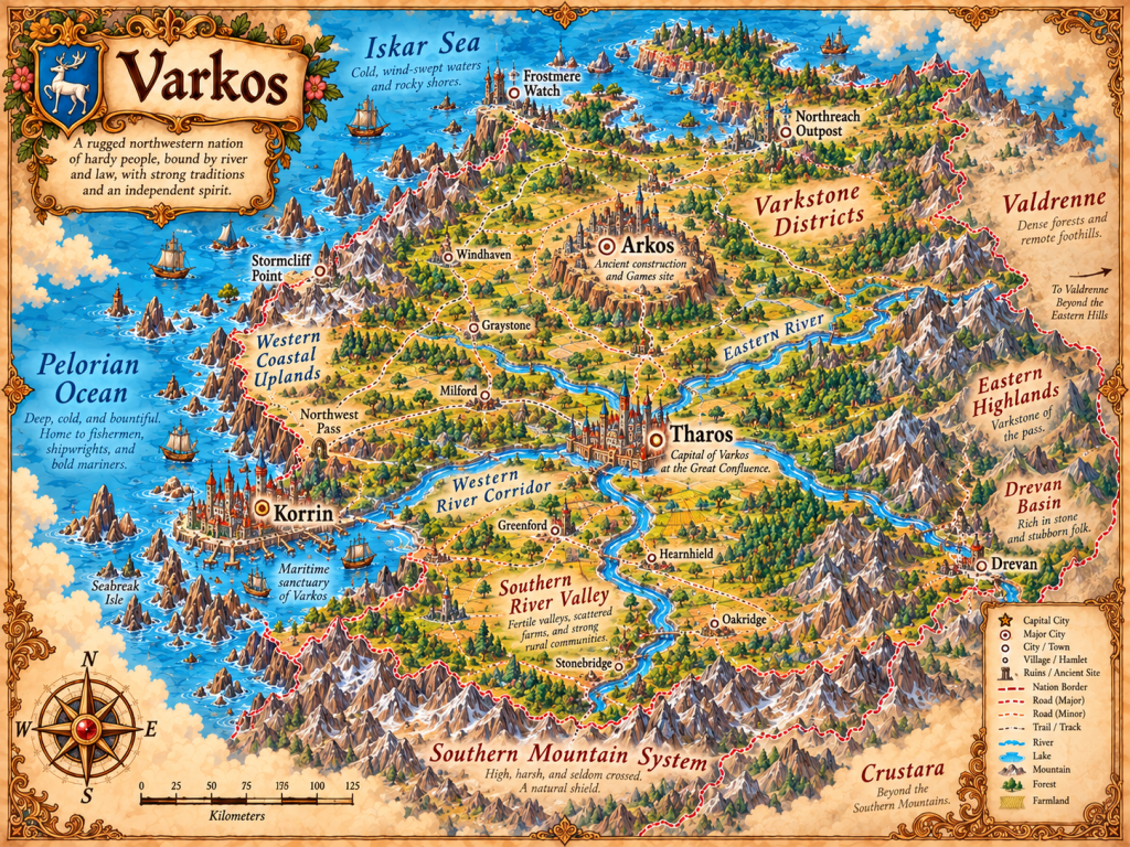 Illustrated atlas map of Varkos showing Arkos, Tharos, Korrin, Drevan, mountain systems, river corridors, Varkstone districts, and surrounding seas.
