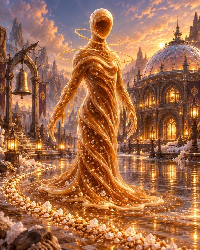 A flowing salted-caramel form with suspended salt crystals and a warm amber glow.