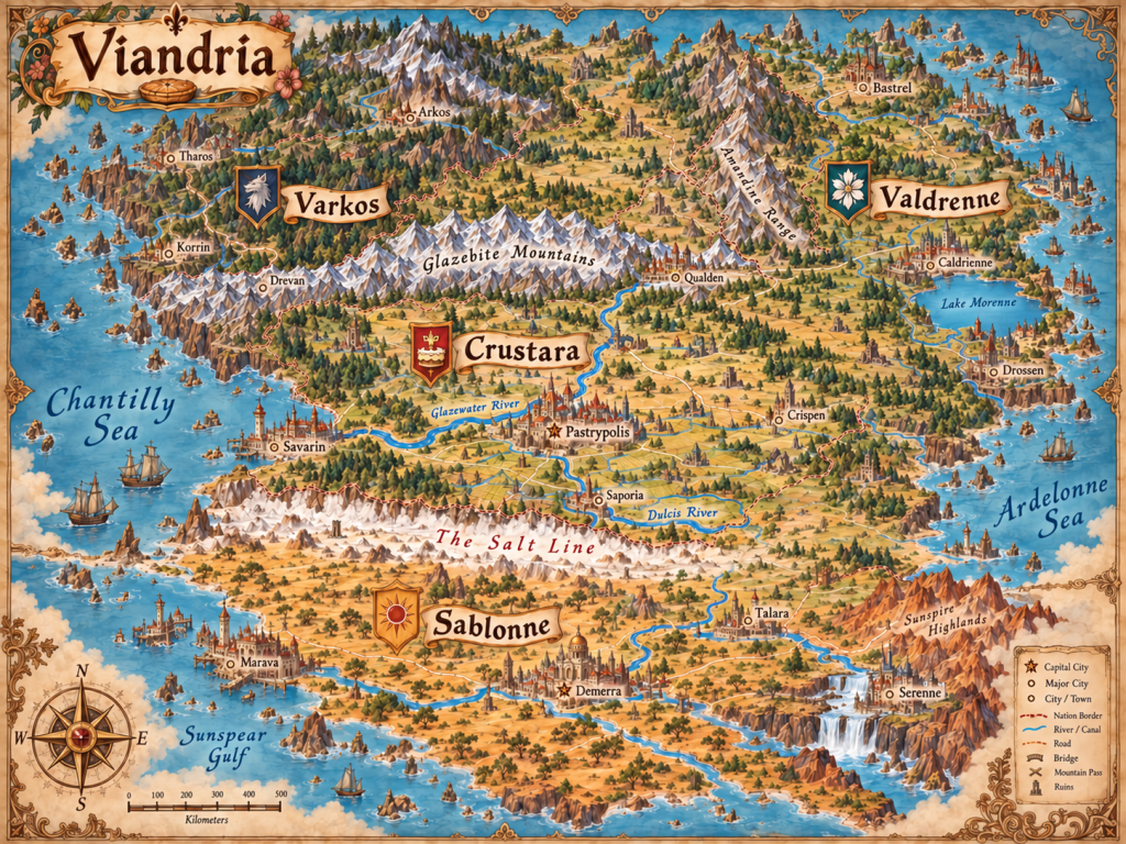Illustrated atlas map of the known lands of Viandria showing Crustara, Varkos, Valdrenne, Sablonne, major cities, seas, rivers, and mountain ranges.