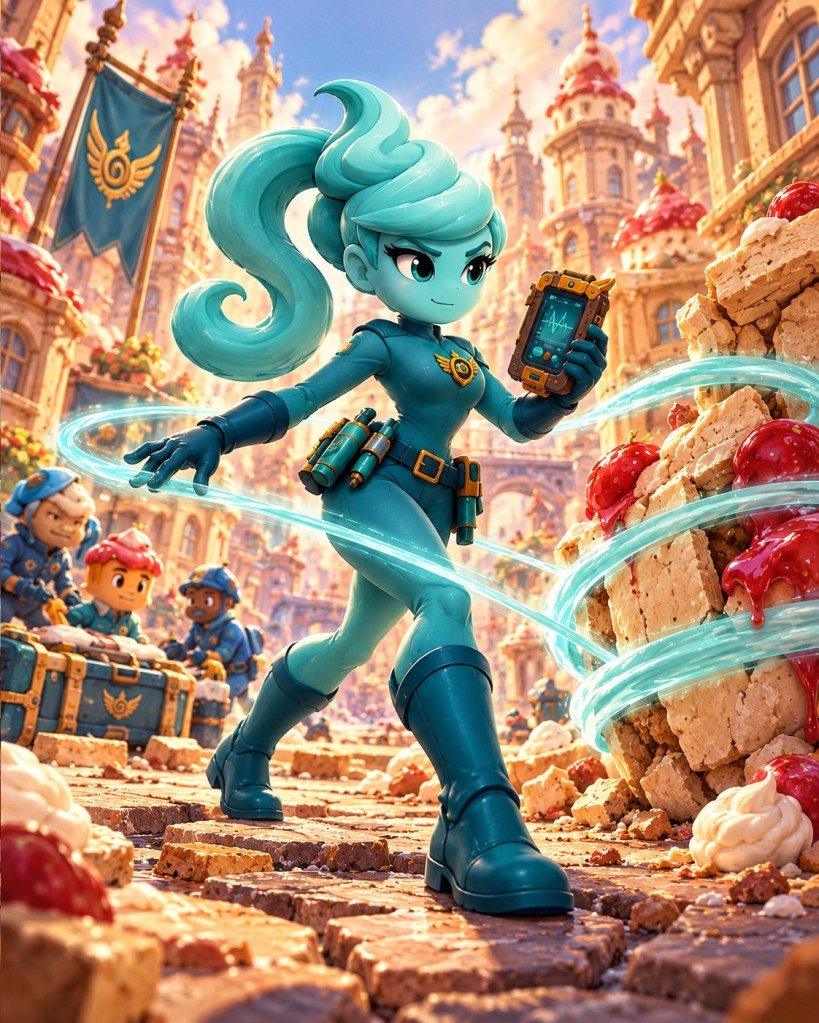A seafoam-teal mousse responder with a flowing mousse swirl ponytail and streamlined field gear.